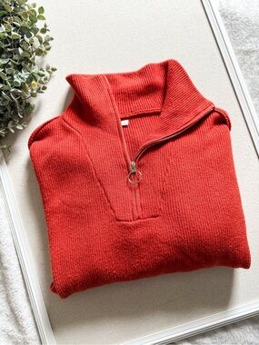 Boutique Red Orange Quarter Zip Sweater Ribbed Knit Pullover Cozy Size S